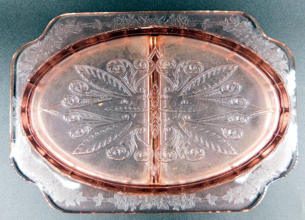 Pink Depression Glass Divided Serving Dish w/ Floral Pattern - 3