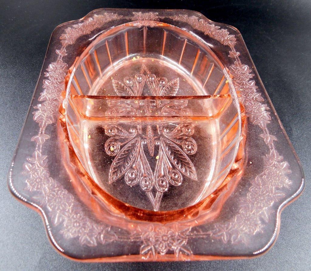 Pink Depression Glass Divided Serving Dish w/ Floral Pattern - 4