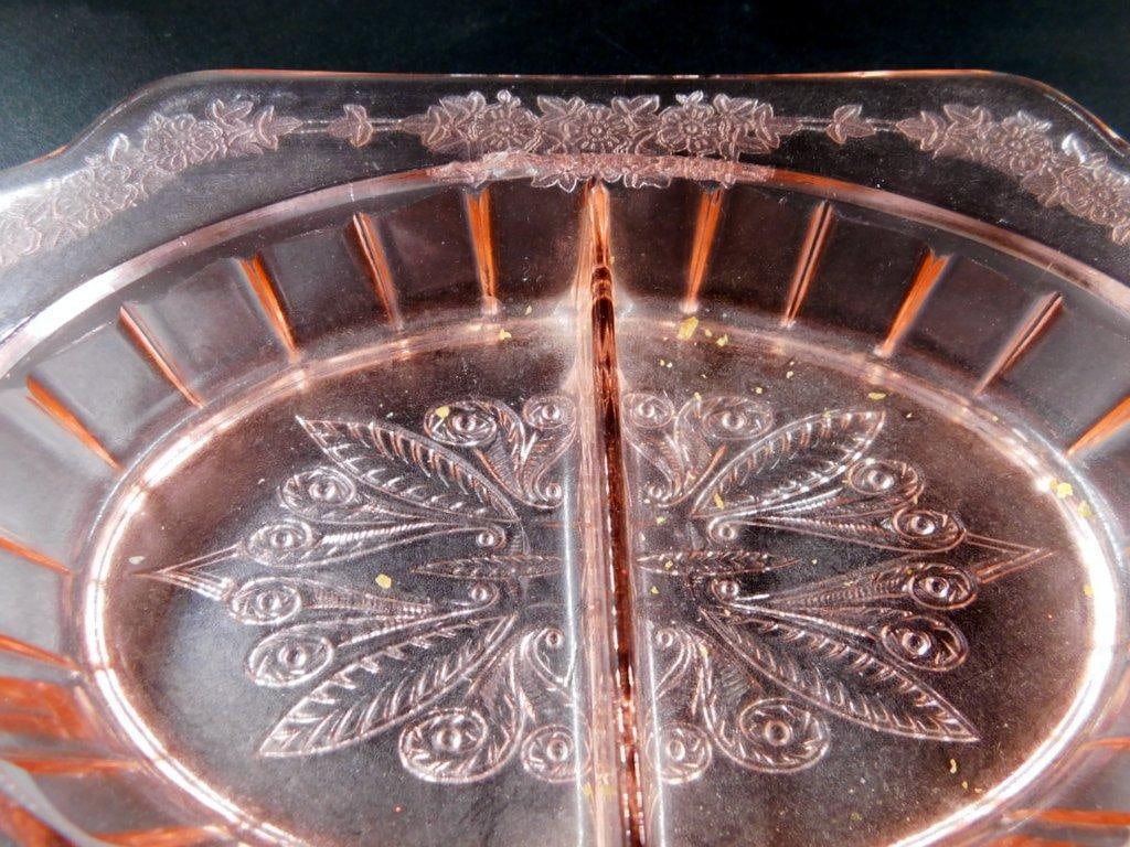 Pink Depression Glass Divided Serving Dish w/ Floral Pattern - 5
