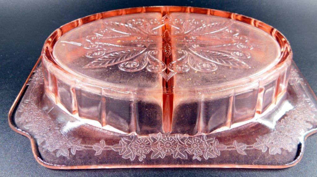 Pink Depression Glass Divided Serving Dish w/ Floral Pattern - 6