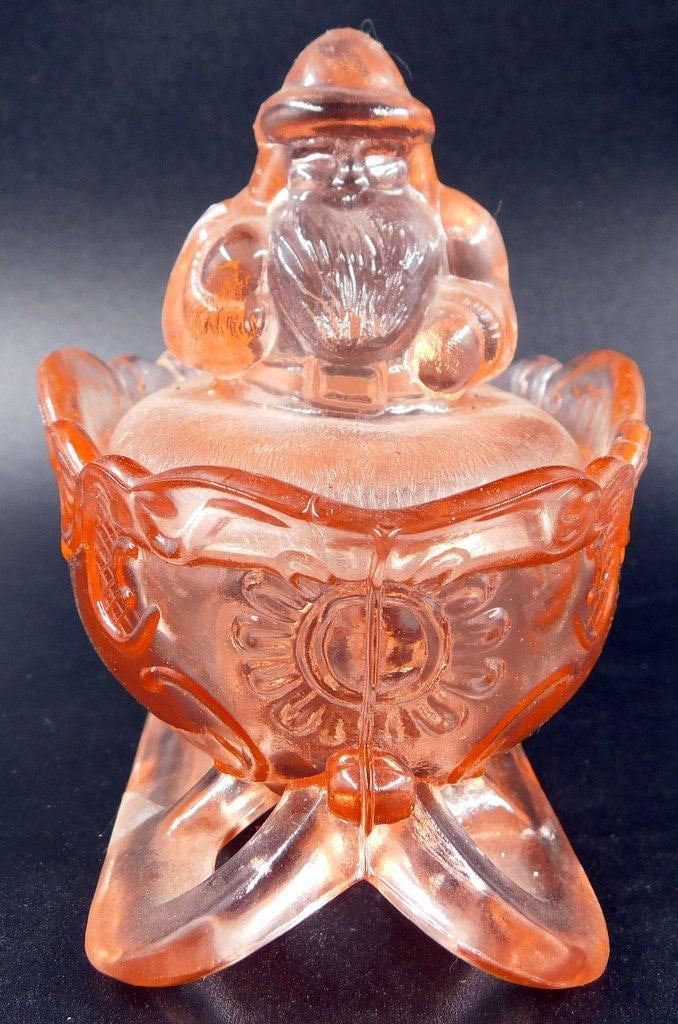 Pink Depression Glass Covered Dish Santa and Sleigh - 3