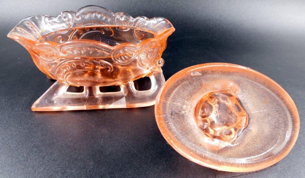 Pink Depression Glass Covered Dish Santa and Sleigh - 5