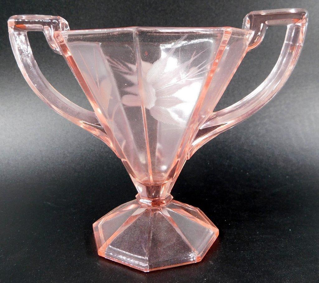 Pink Depression Glass Creamer and Sugar Bowl Set w/ Floral Etching - 2