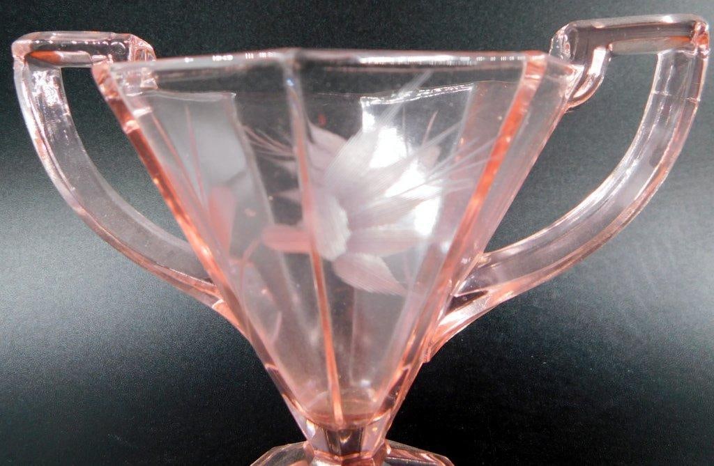 Pink Depression Glass Creamer and Sugar Bowl Set w/ Floral Etching - 3