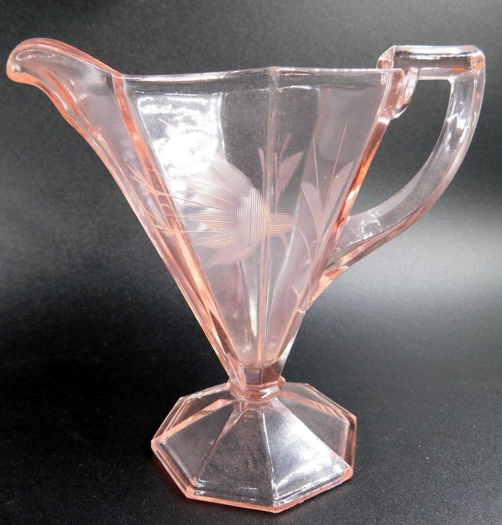 Pink Depression Glass Creamer and Sugar Bowl Set w/ Floral Etching - 4