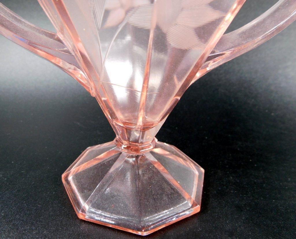 Pink Depression Glass Creamer and Sugar Bowl Set w/ Floral Etching - 5