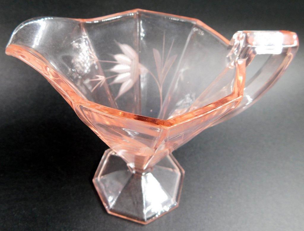Pink Depression Glass Creamer and Sugar Bowl Set w/ Floral Etching - 6