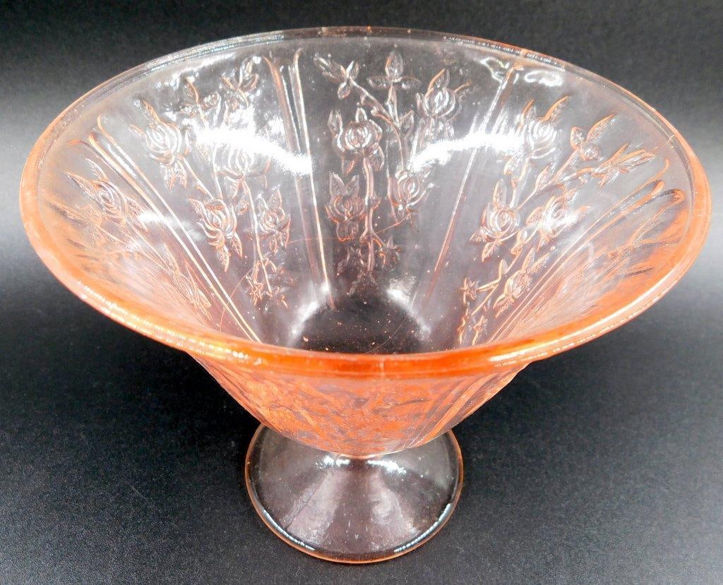 Pink Depression Glass Rose Pattern Compote Bowl - 2