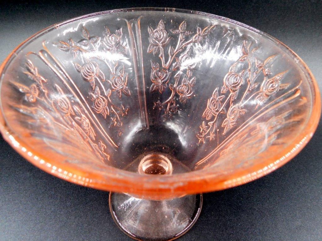Pink Depression Glass Rose Pattern Compote Bowl - 3