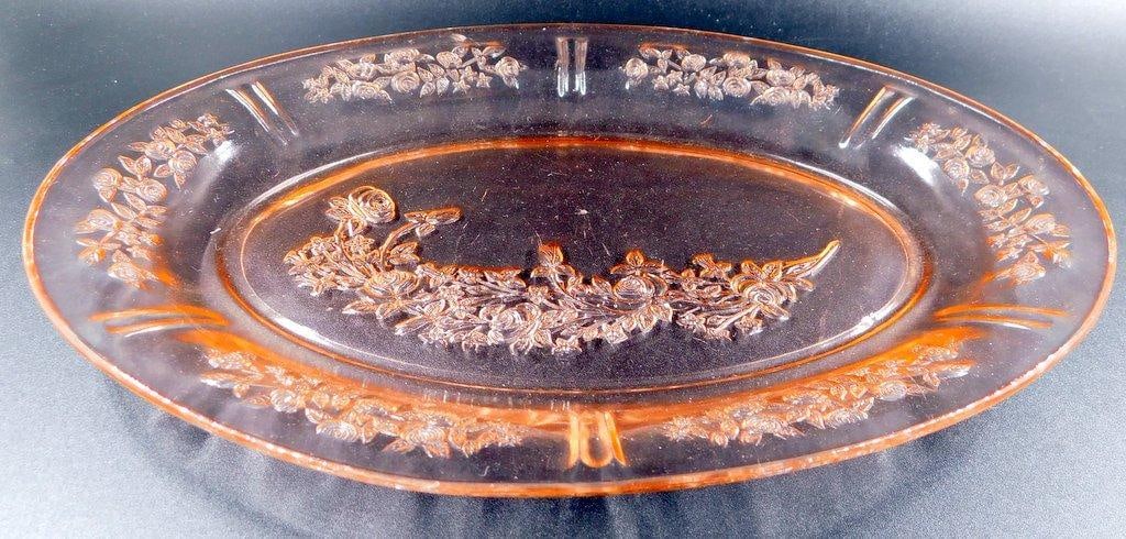 Pink Depression Glass Oval Serving Platter w/ Floral Design - 2
