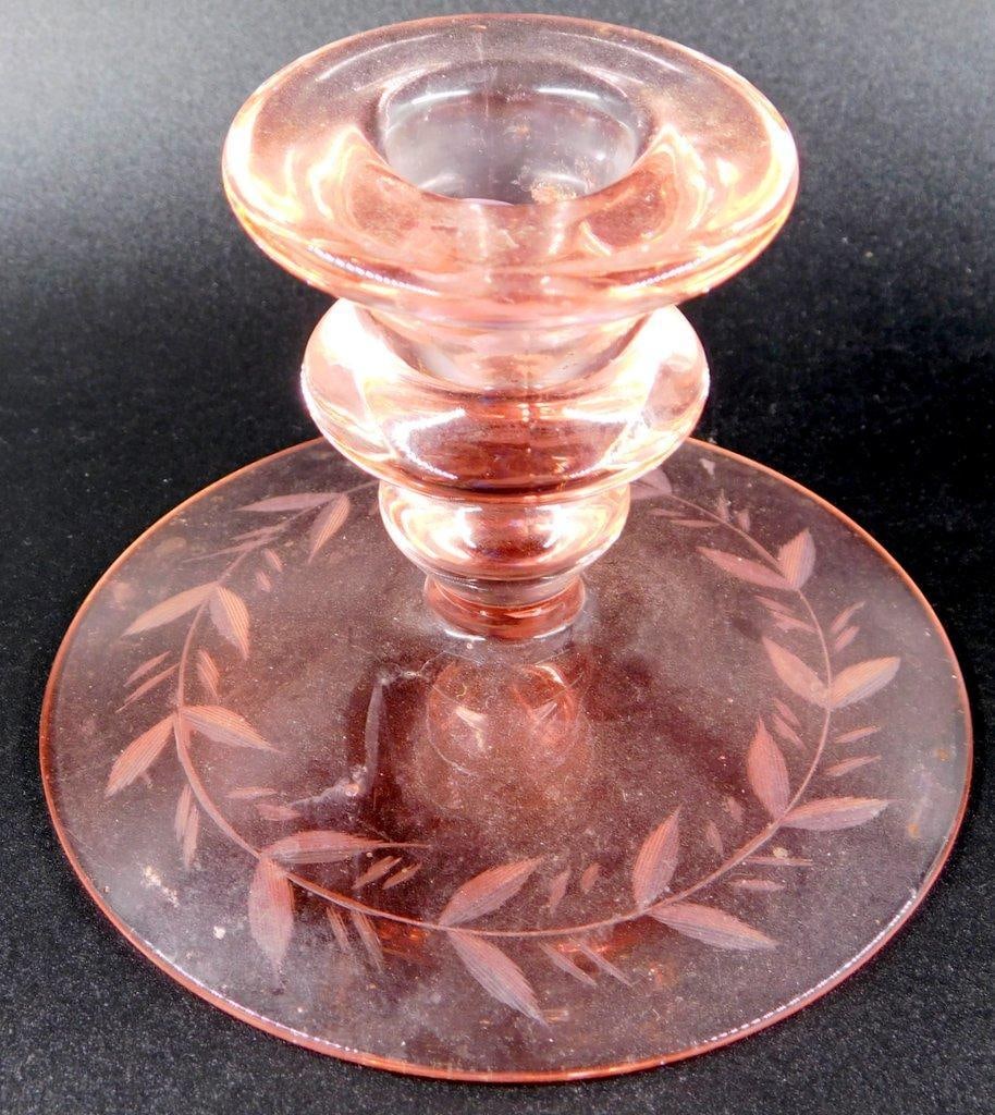 Pink Depression Glass Candleholders w/ Etched Laurel Design - 2
