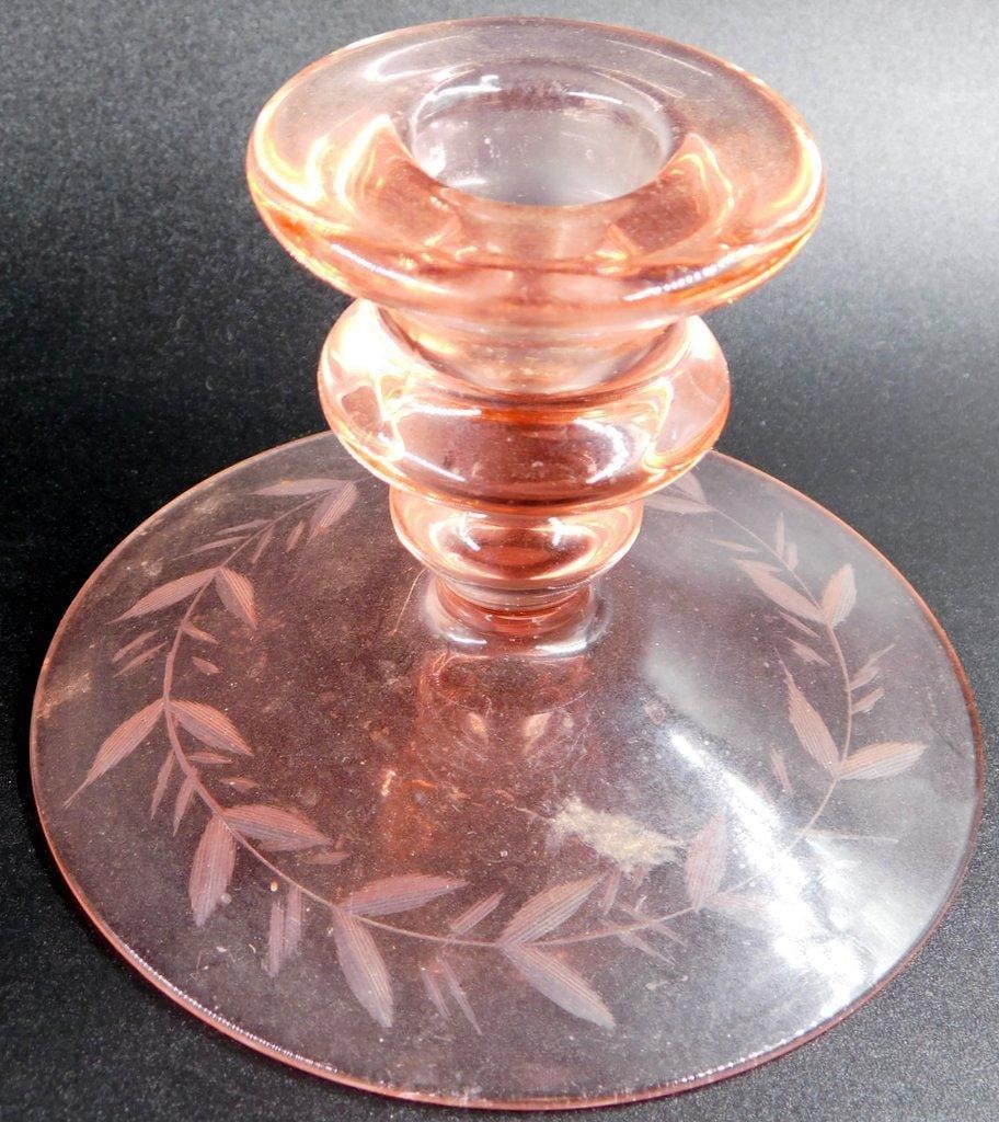 Pink Depression Glass Candleholders w/ Etched Laurel Design - 3