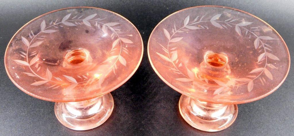 Pink Depression Glass Candleholders w/ Etched Laurel Design - 5