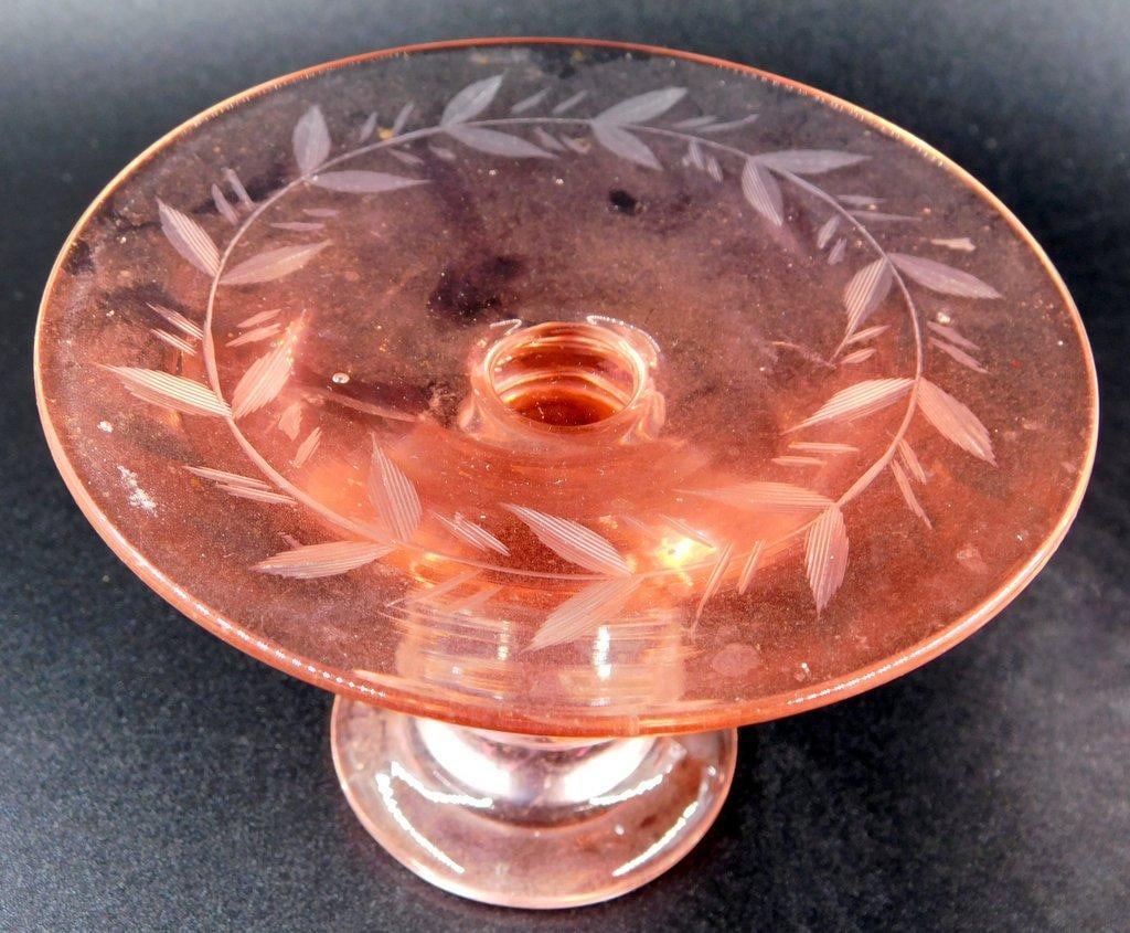 Pink Depression Glass Candleholders w/ Etched Laurel Design - 6