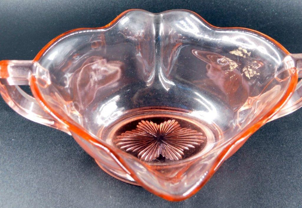 Pink Depression Glass Bowl w/ Handles and Floral Base Design - 2