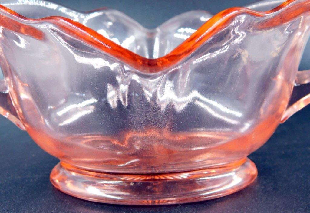 Pink Depression Glass Bowl w/ Handles and Floral Base Design - 3