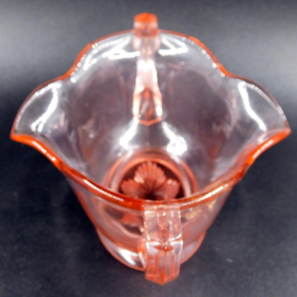 Pink Depression Glass Bowl w/ Handles and Floral Base Design - 4