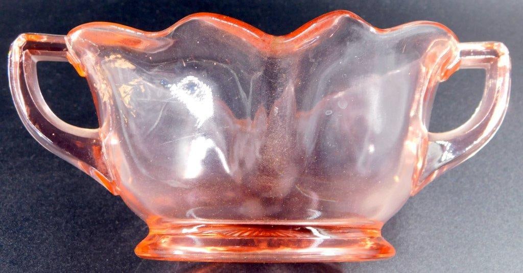Pink Depression Glass Bowl w/ Handles and Floral Base Design - 5