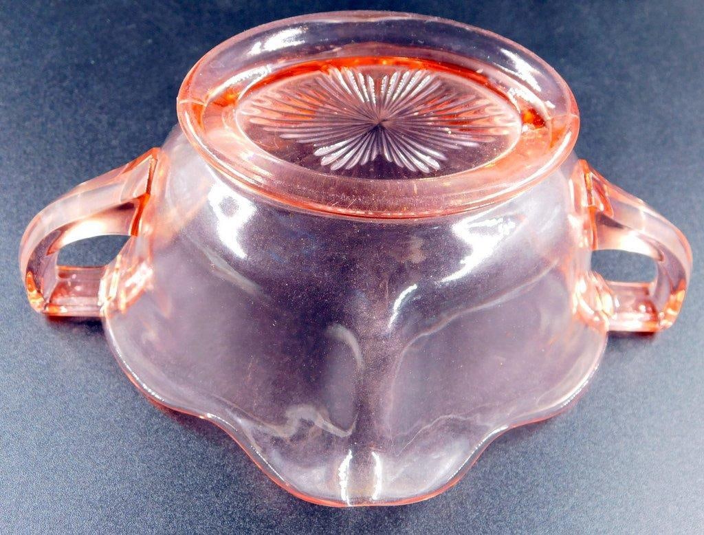 Pink Depression Glass Bowl w/ Handles and Floral Base Design - 6