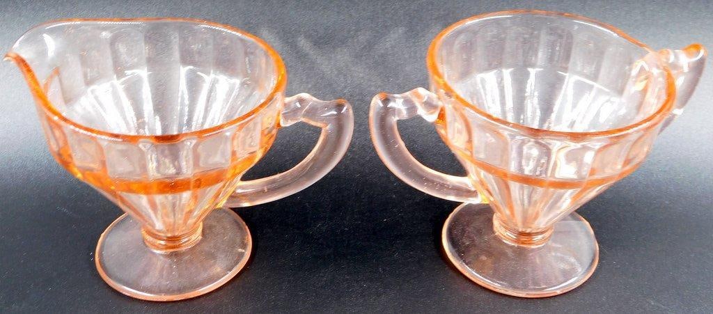 Pink Depression Glass Creamer and Sugar Set w/ Panel Design - 2