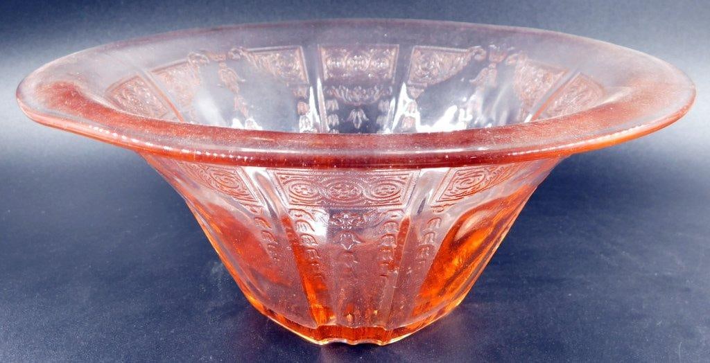 Pink Depression Glass Bowl w/ Etched Geometric and Floral Designs - 3