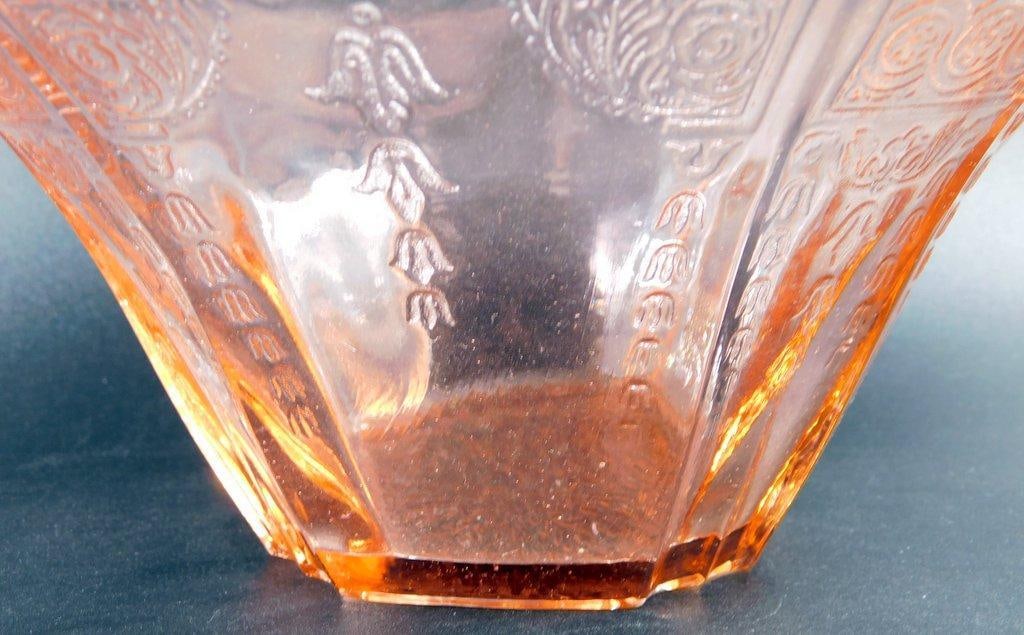 Pink Depression Glass Bowl w/ Etched Geometric and Floral Designs - 4