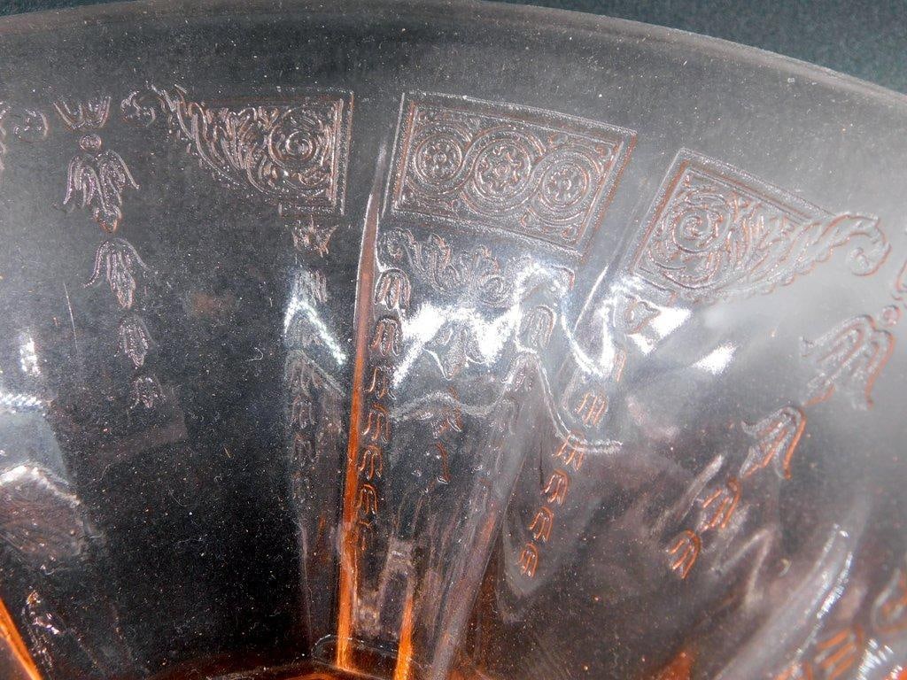 Pink Depression Glass Bowl w/ Etched Geometric and Floral Designs - 6