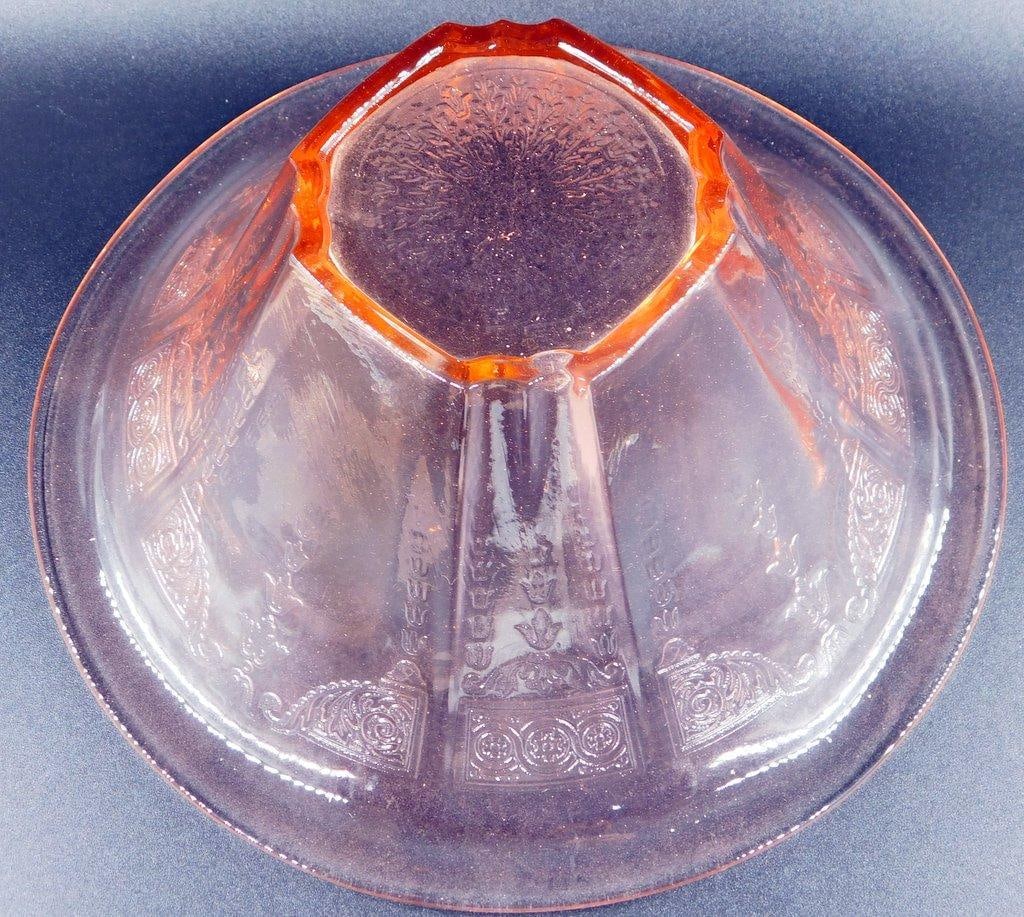 Pink Depression Glass Bowl w/ Etched Geometric and Floral Designs - 9