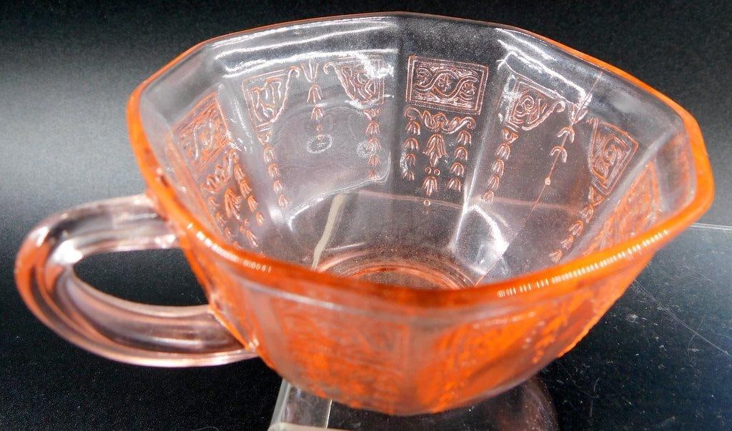 Four Pink Depression Glass Tea Cups w Floral and Geometric Detail - 5