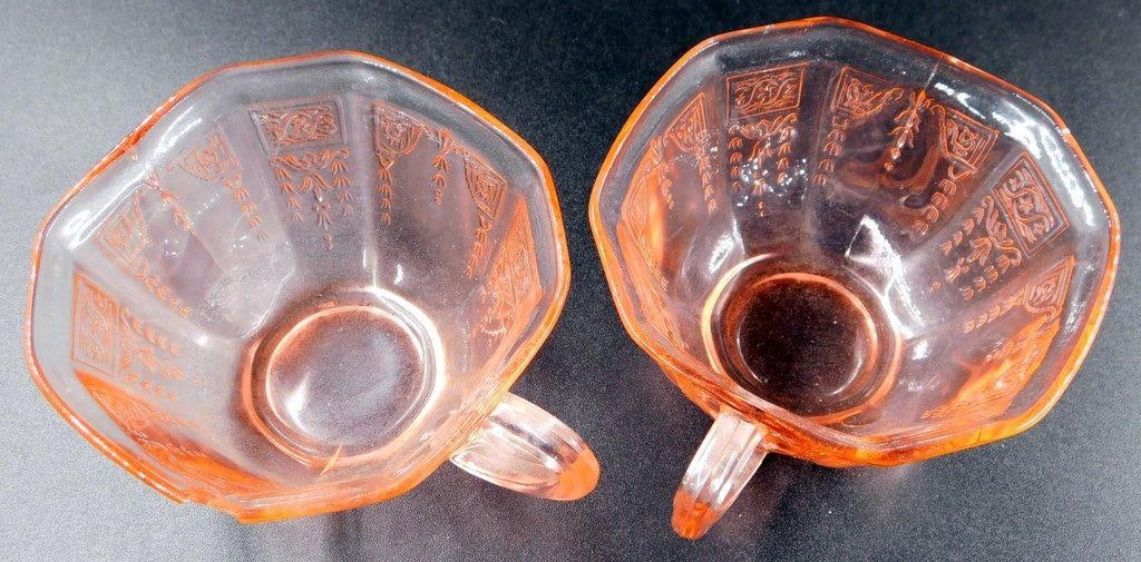 Four Pink Depression Glass Tea Cups w Floral and Geometric Detail - 6
