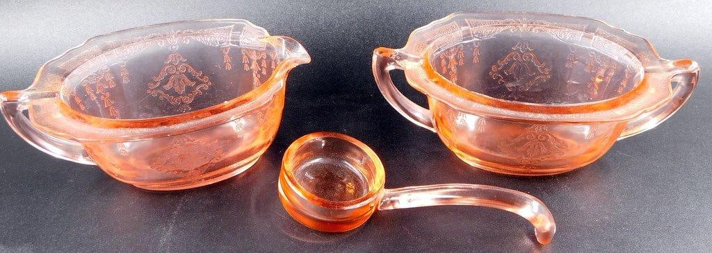 Pink Depression Glass Creamer, Sugar Bowl, and Ladle Set - 2