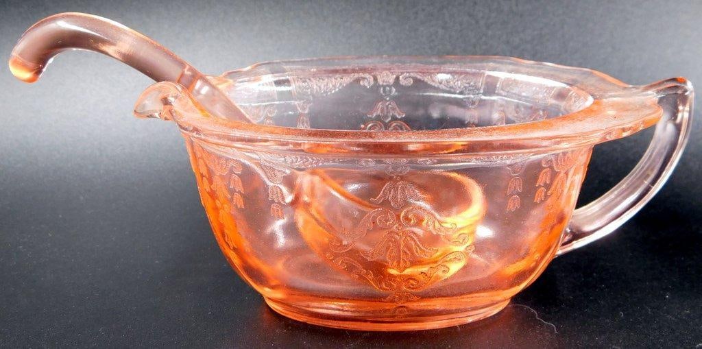 Pink Depression Glass Creamer, Sugar Bowl, and Ladle Set - 4