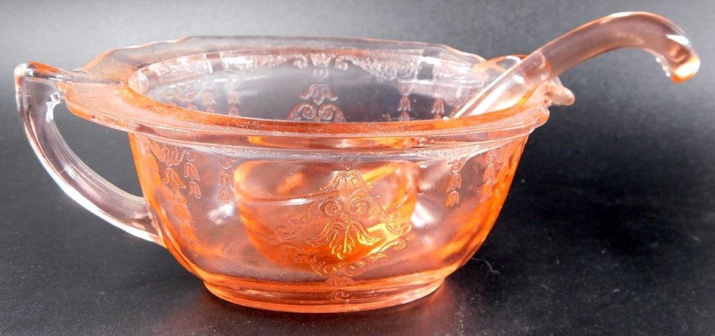 Pink Depression Glass Creamer, Sugar Bowl, and Ladle Set - 5