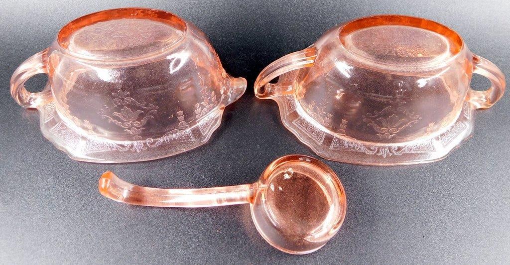 Pink Depression Glass Creamer, Sugar Bowl, and Ladle Set - 7