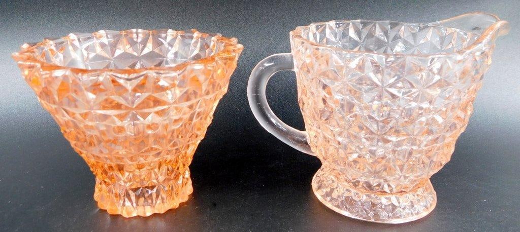 Pink Depression Glass Creamer and Sugar Bowl Set w/ Geometric Pattern - 2