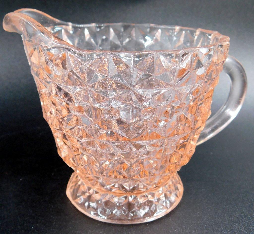 Pink Depression Glass Creamer and Sugar Bowl Set w/ Geometric Pattern - 6