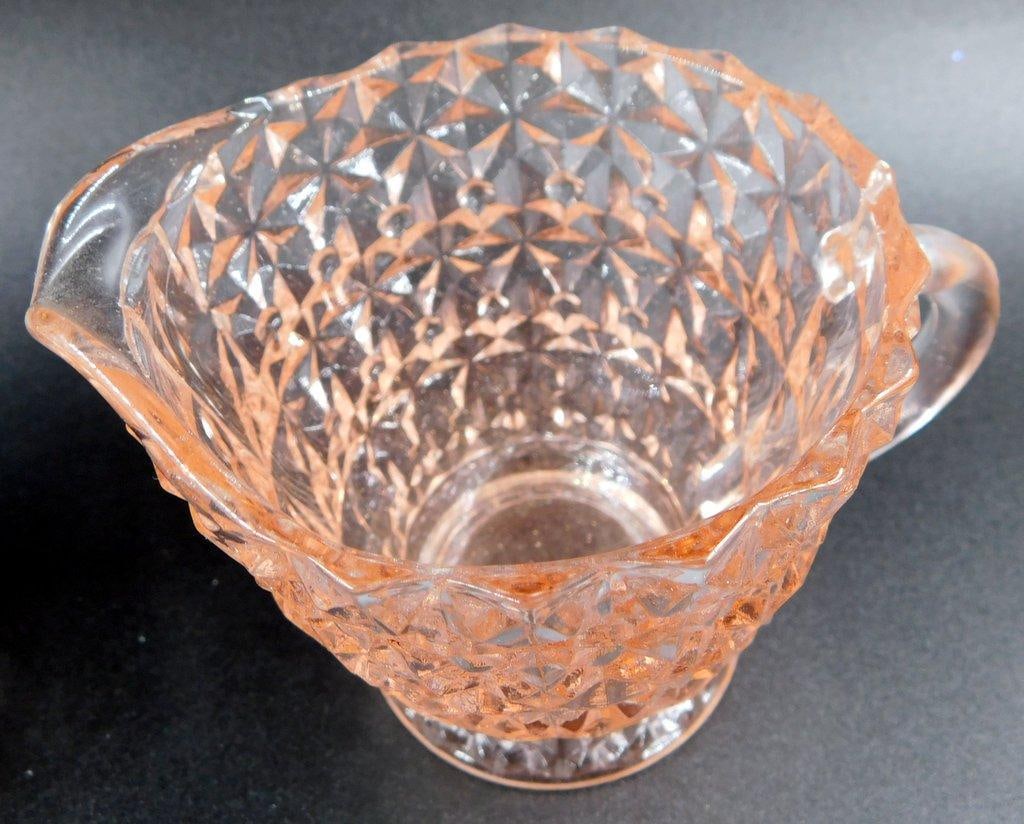 Pink Depression Glass Creamer and Sugar Bowl Set w/ Geometric Pattern - 7
