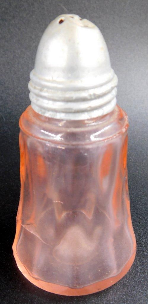 Pink Depression Glass Salt and Pepper Shakers w/ Metal Lids - 4