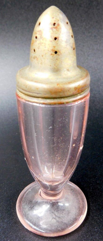 Pink Depression Glass Salt and Pepper Shakers w/ Metal Lids - 5