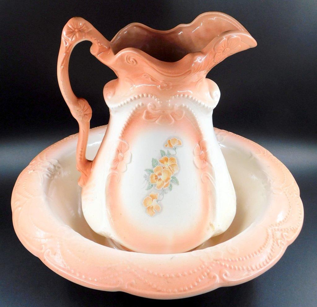 Porcelain Wash Bowl and Pitcher w/ Floral Design and Marked Bases (1 of 13)