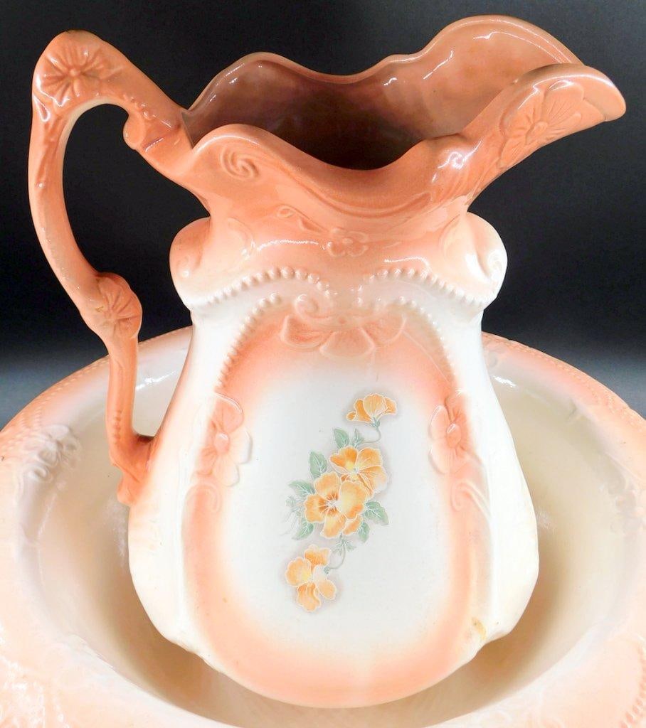 Porcelain Wash Bowl and Pitcher w/ Floral Design and Marked Bases - 2