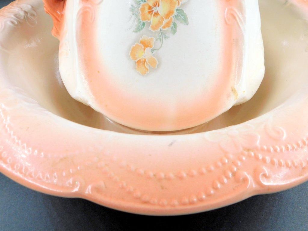 Porcelain Wash Bowl and Pitcher w/ Floral Design and Marked Bases - 3