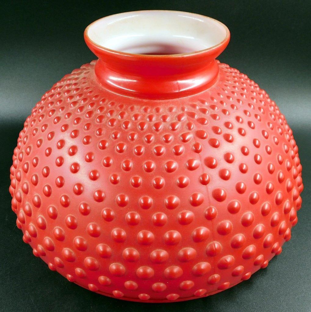 Hobnail Red and White Glass Lamp Shades w/ Brass Success Burner - 2