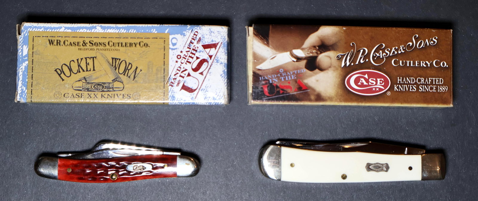 (Lot of 2) Case Knives 2010 NEW IN BOX -Stockman and Bow Tie Trapper: (Lot of 2) Case Knives 2010 NEW IN BOX -Stockman and BowTie Trapper Never used 6318 Medium Stockman POCKET WORN Old Red handle 3 5/8 inch closed Clip point, sheepfoot, and