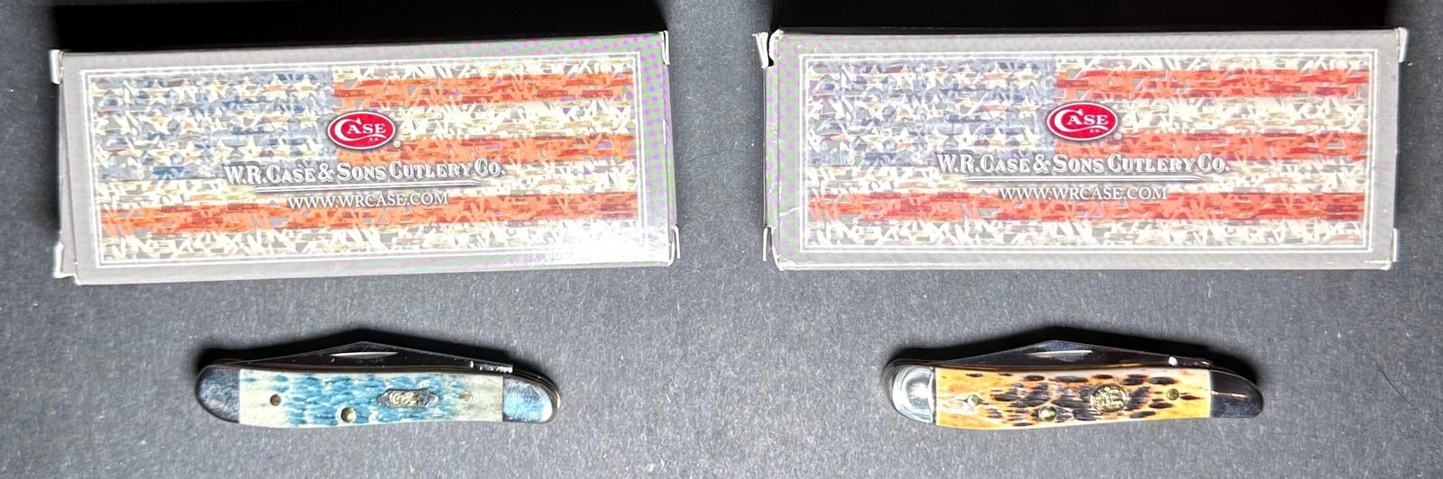 (Lot of 2) Case XX 2015 6220 SS Peanut- Blue Lagoon and Burn: (Lot of 2) Case XX 2015 Peanut 6220 SS Blue Lagoon Bone Handle 2 7/8 inches closed Blades 2.125 inches Clip and 1.5 inch Pen blade NEW IN BOX- Never used - Dated 9/25/2015 