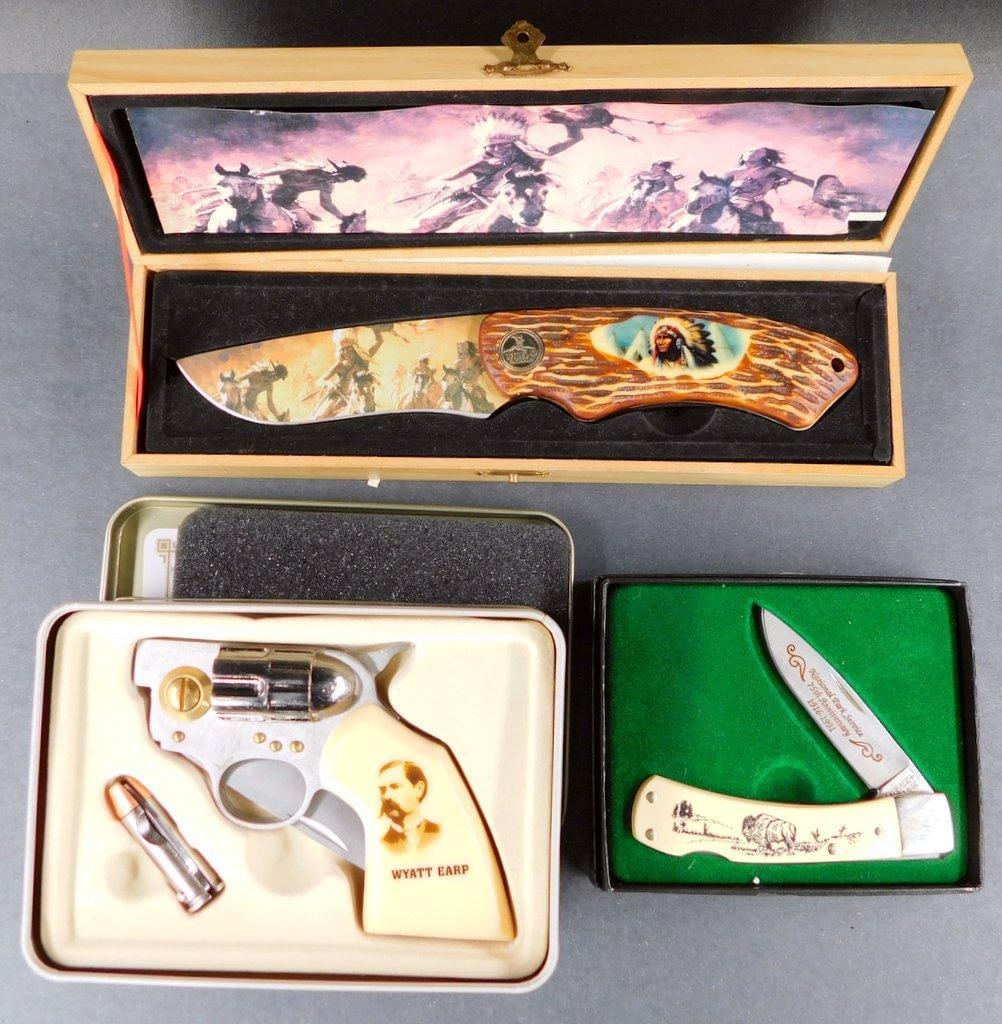 (Lot of 2) Wild West- Wyatt Earp Gun knife with bullet knife and Native American Indian Themed Kn... (1 of 11)