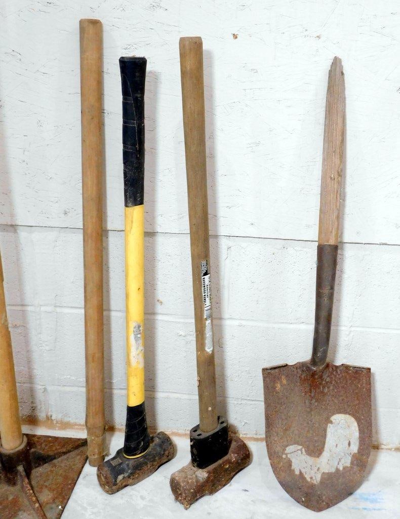 Hand Tools Including Shovels, Sledgehammers, Pickaxe, and Tamper - 2