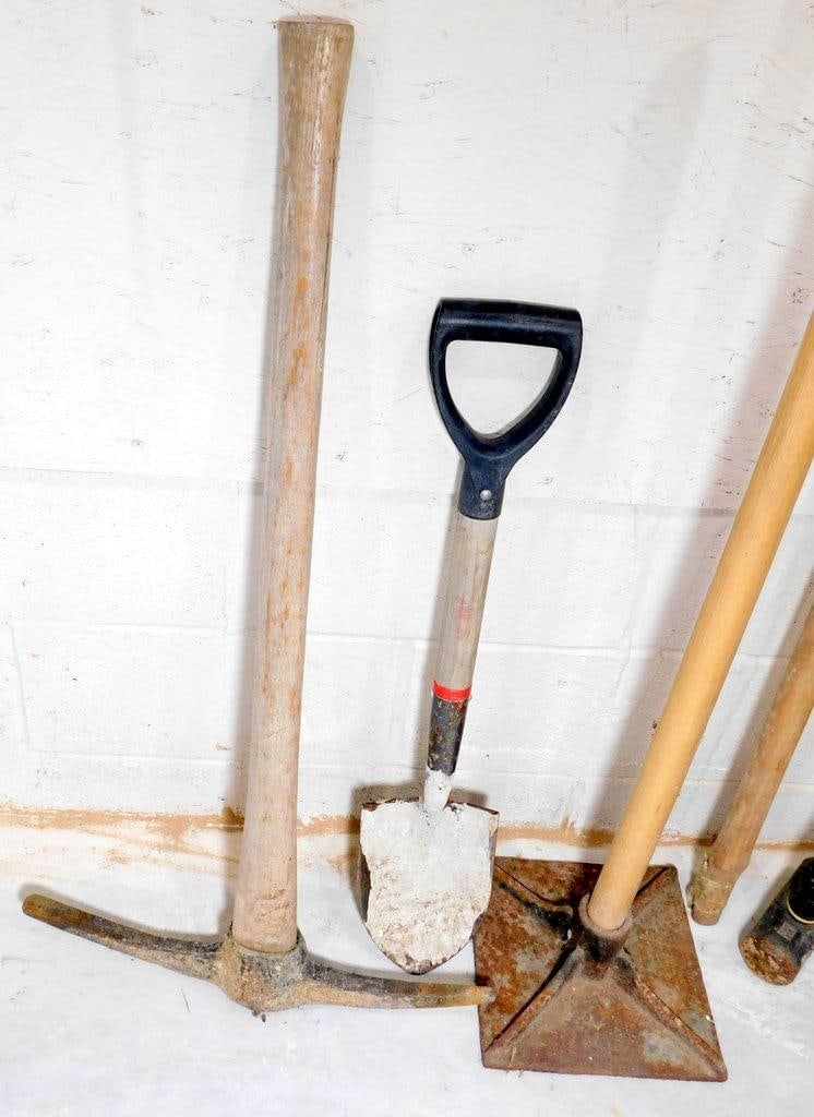 Hand Tools Including Shovels, Sledgehammers, Pickaxe, and Tamper - 4
