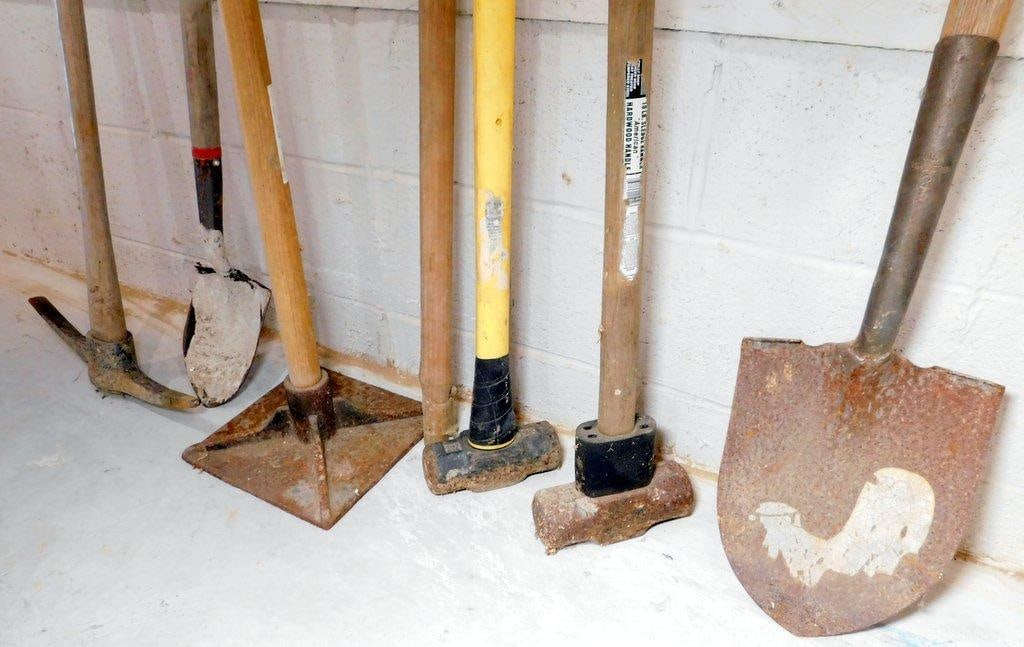Hand Tools Including Shovels, Sledgehammers, Pickaxe, and Tamper - 6