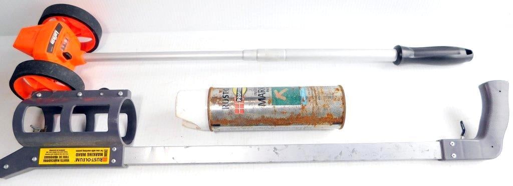 Lufkin Measuring Wheel, Rust-Oleum Marking Wand, and Marking Paint: Lufkin PSMW28CL measuring wheel featuring an orange design with feet and inch measurement capability, along with a Rust-Oleum marking wand suitable for use with marking paints Rust-Oleum Professional